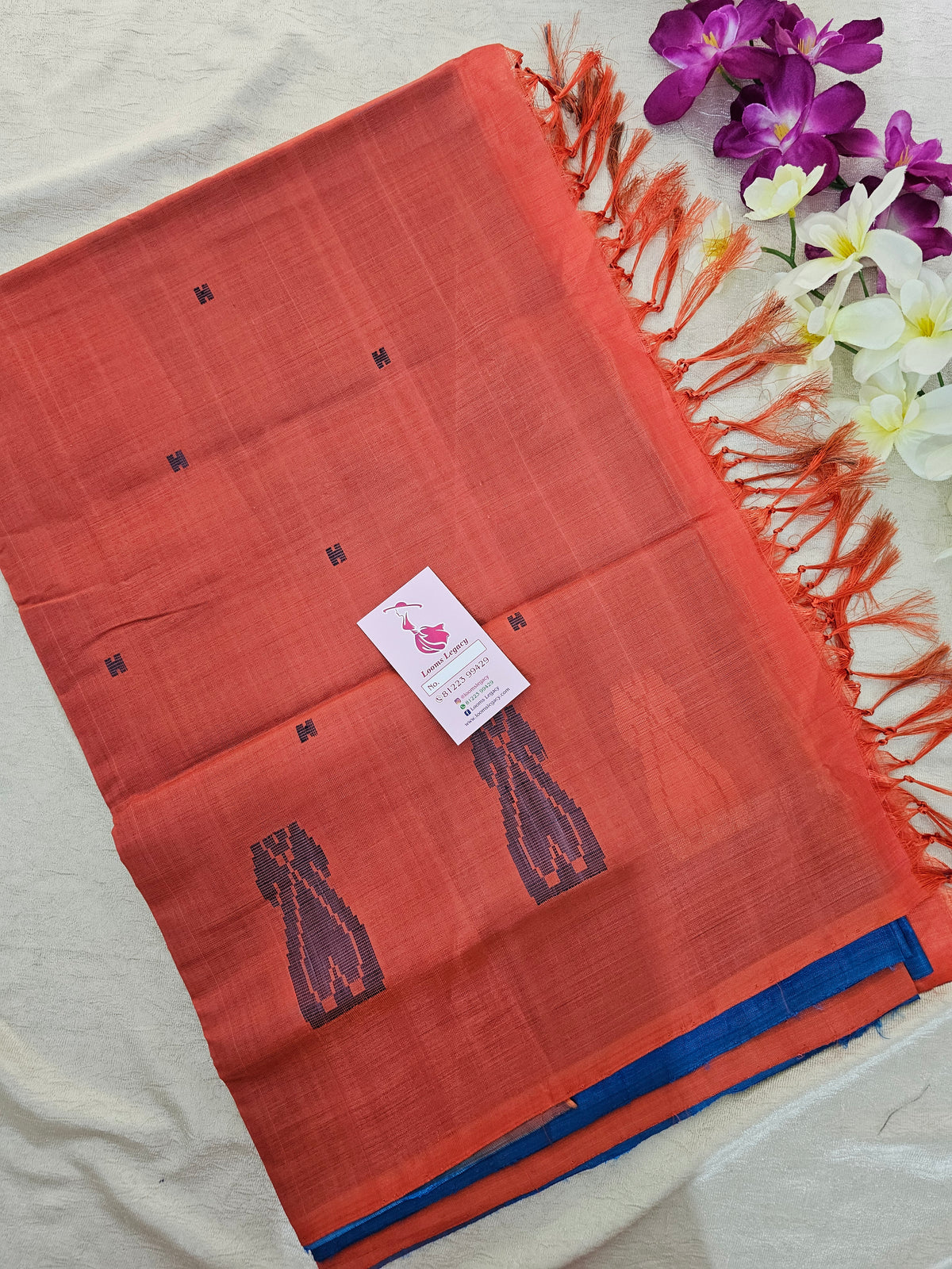 Peacock Blue with Orange Pallu Handwoven Chinnalampattu Saree