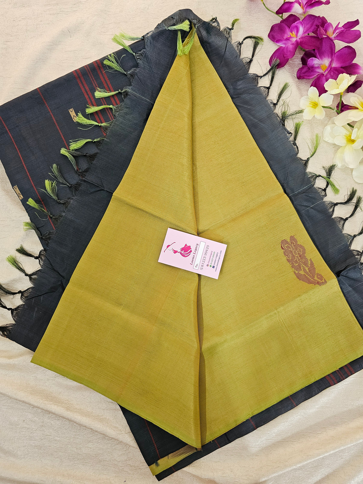 Dual Shade Yellow cum Green with Grey Handwoven Chinnalampattu Saree