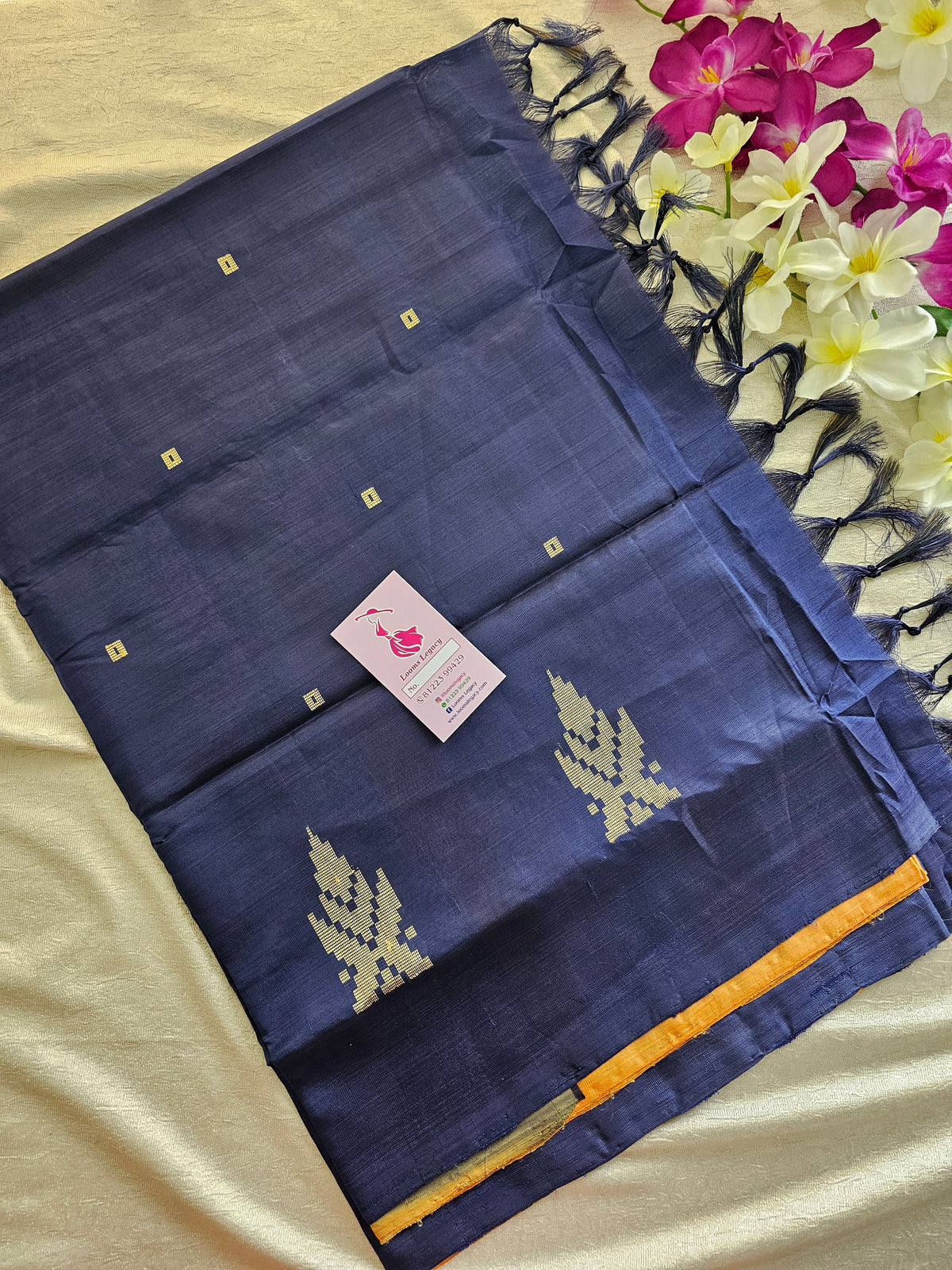 Yellowish Orange with Navy Blue  Pallu Handwoven Chinnalampattu Saree