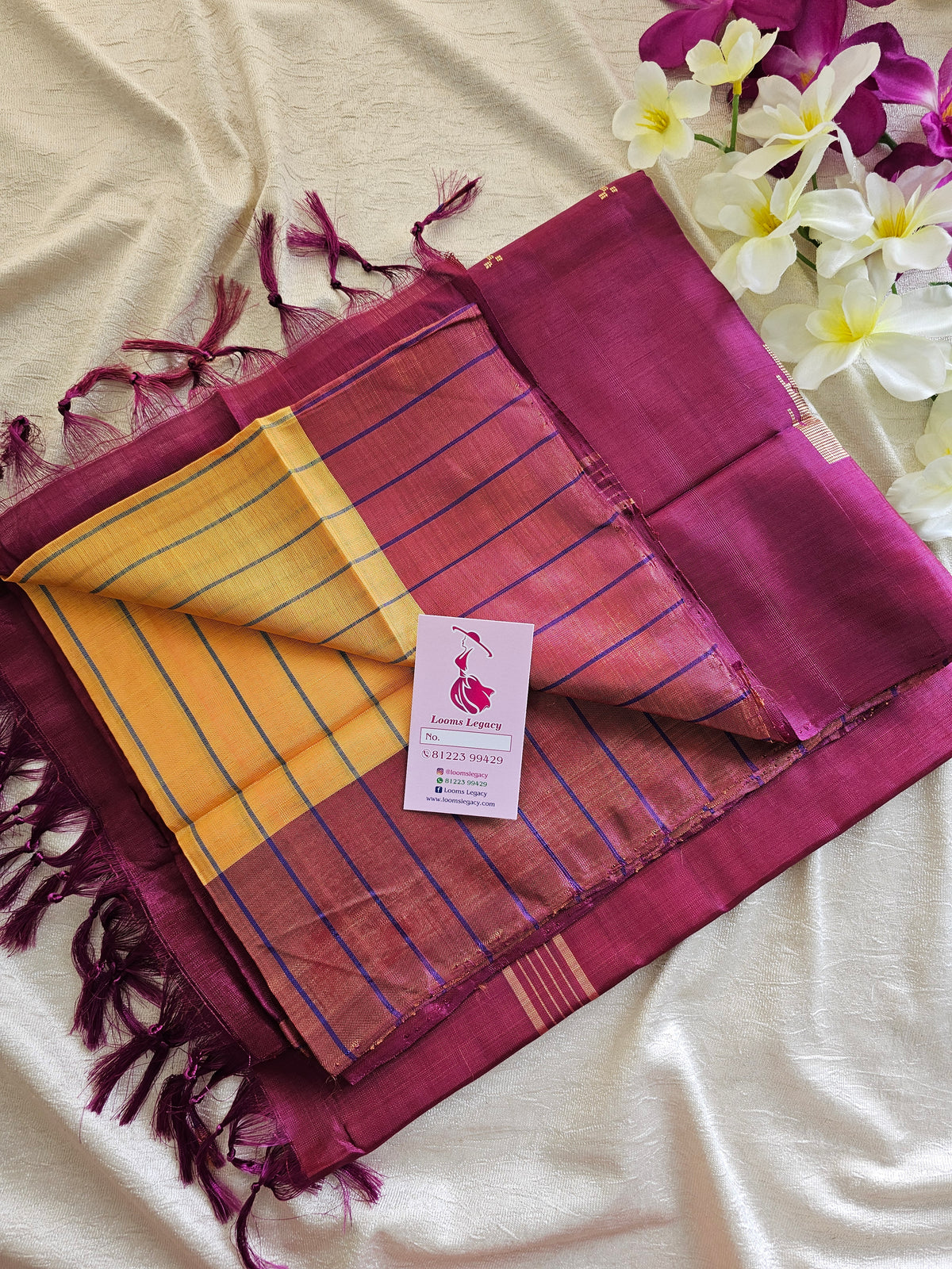 Yellow with Maroon Stripes Border Handwoven Chinnalampattu Saree