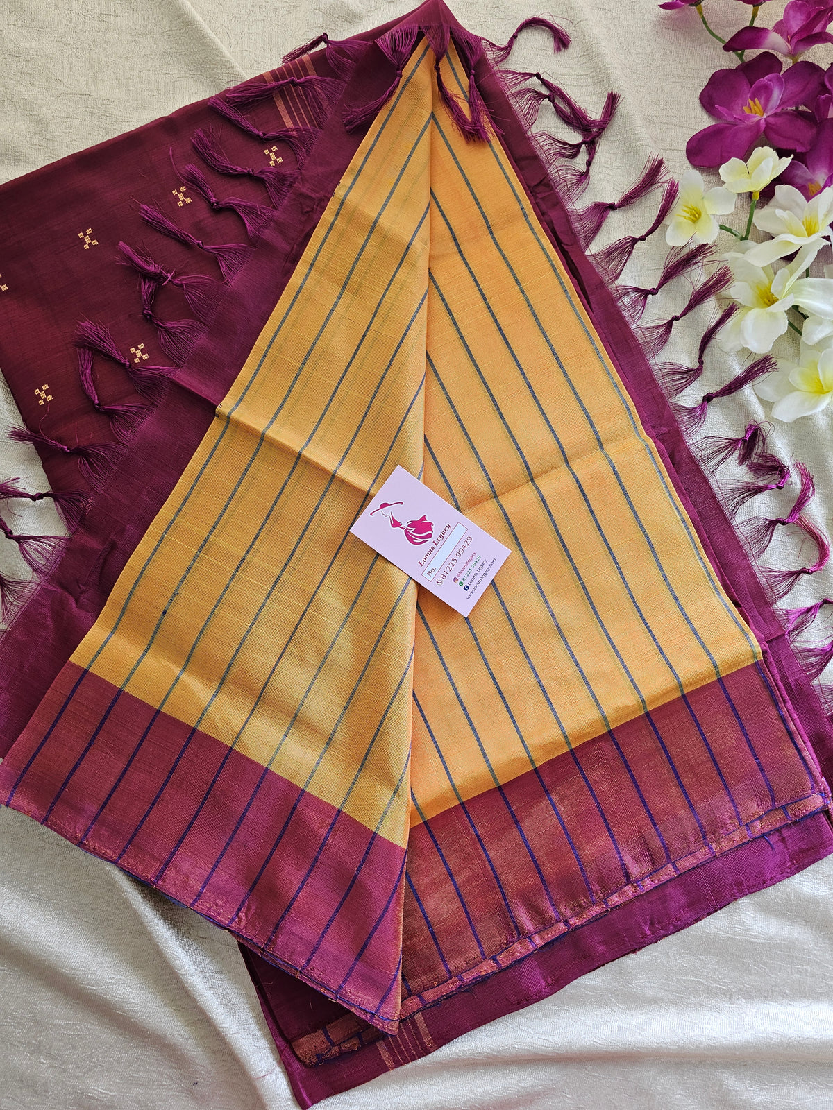 Yellow with Maroon Stripes Border Handwoven Chinnalampattu Saree