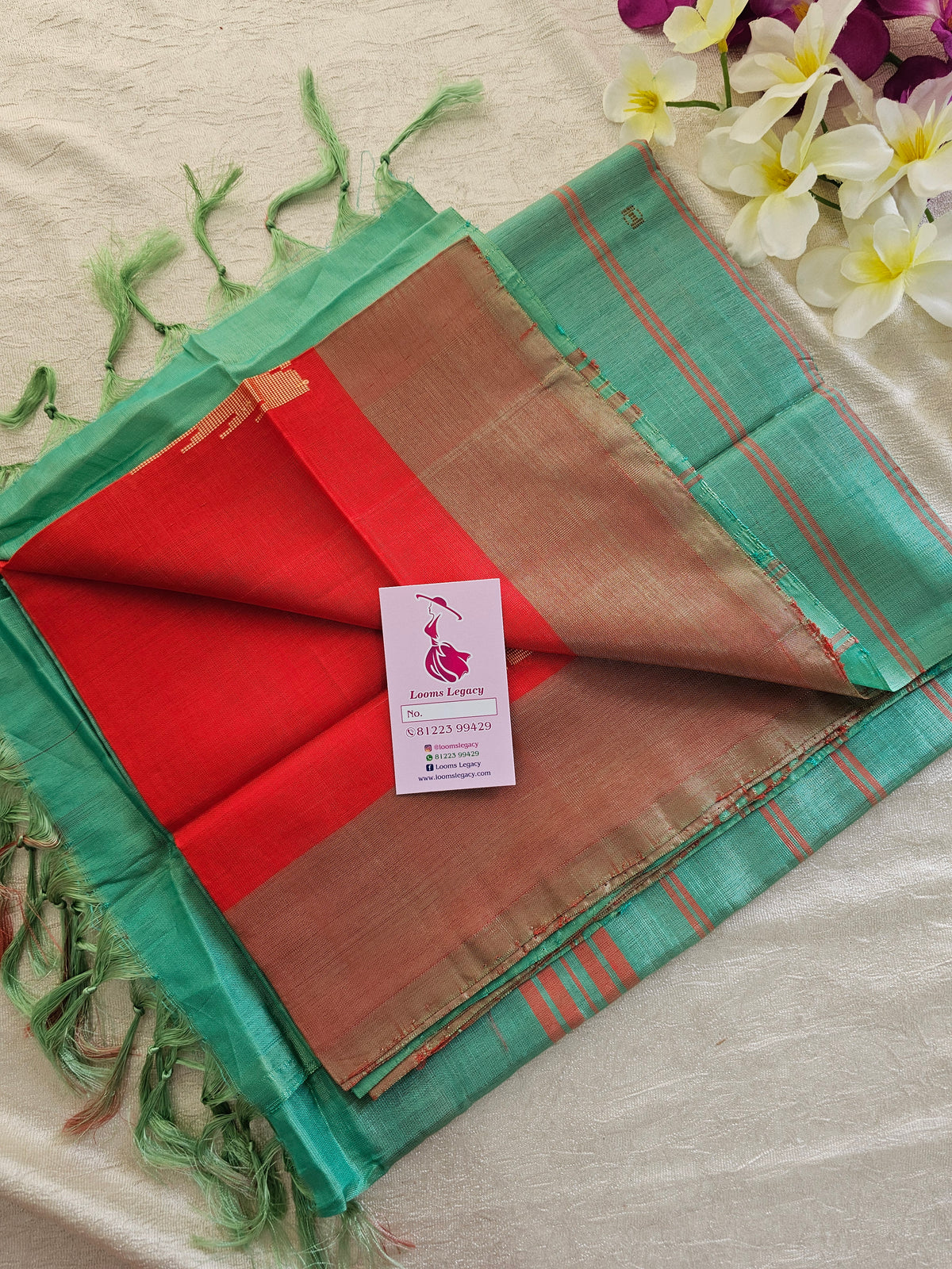 Red with Sea Green Border and Pallu Handwoven Chinnalampattu Saree