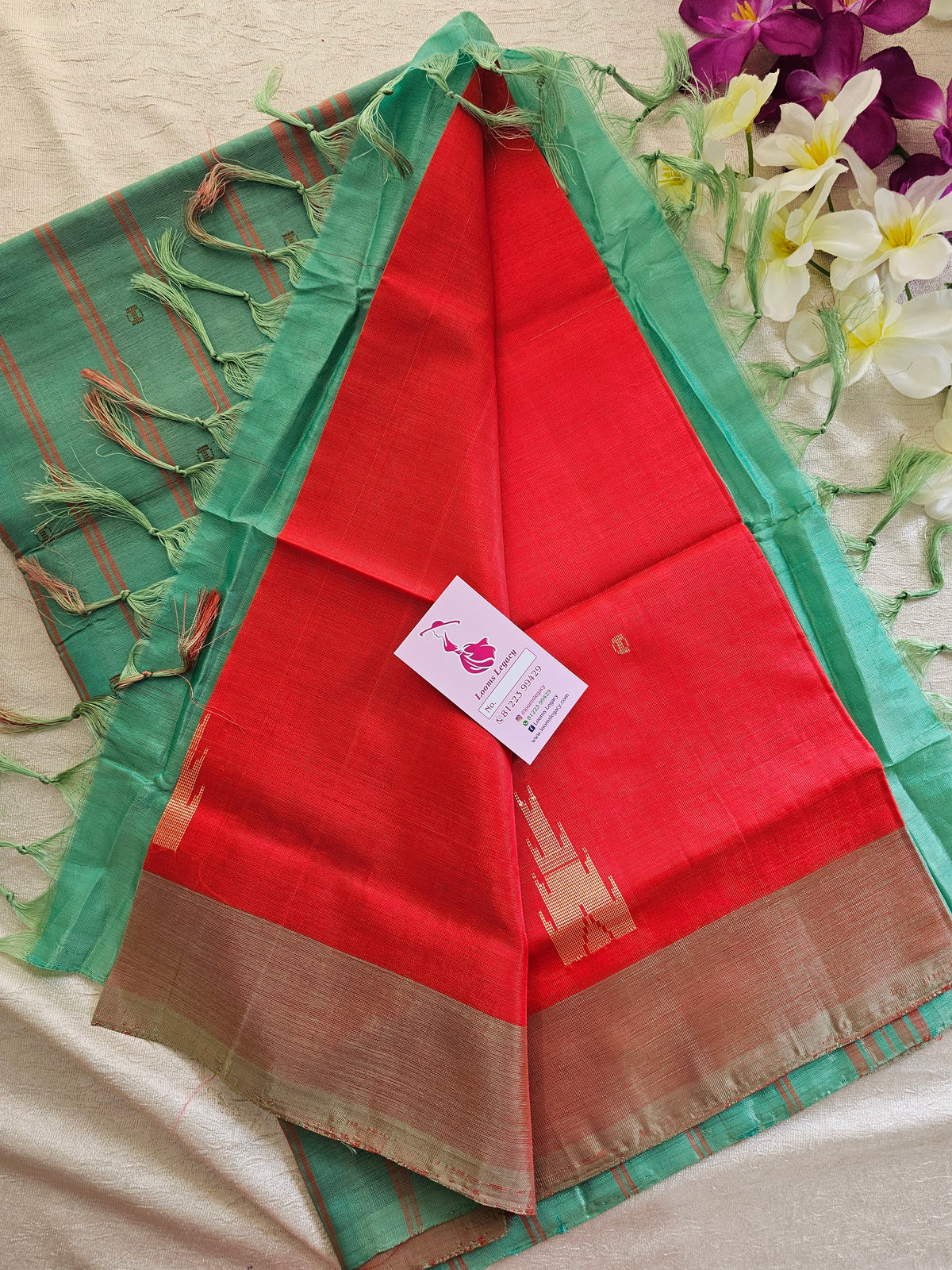 Red with Sea Green Border and Pallu Handwoven Chinnalampattu Saree