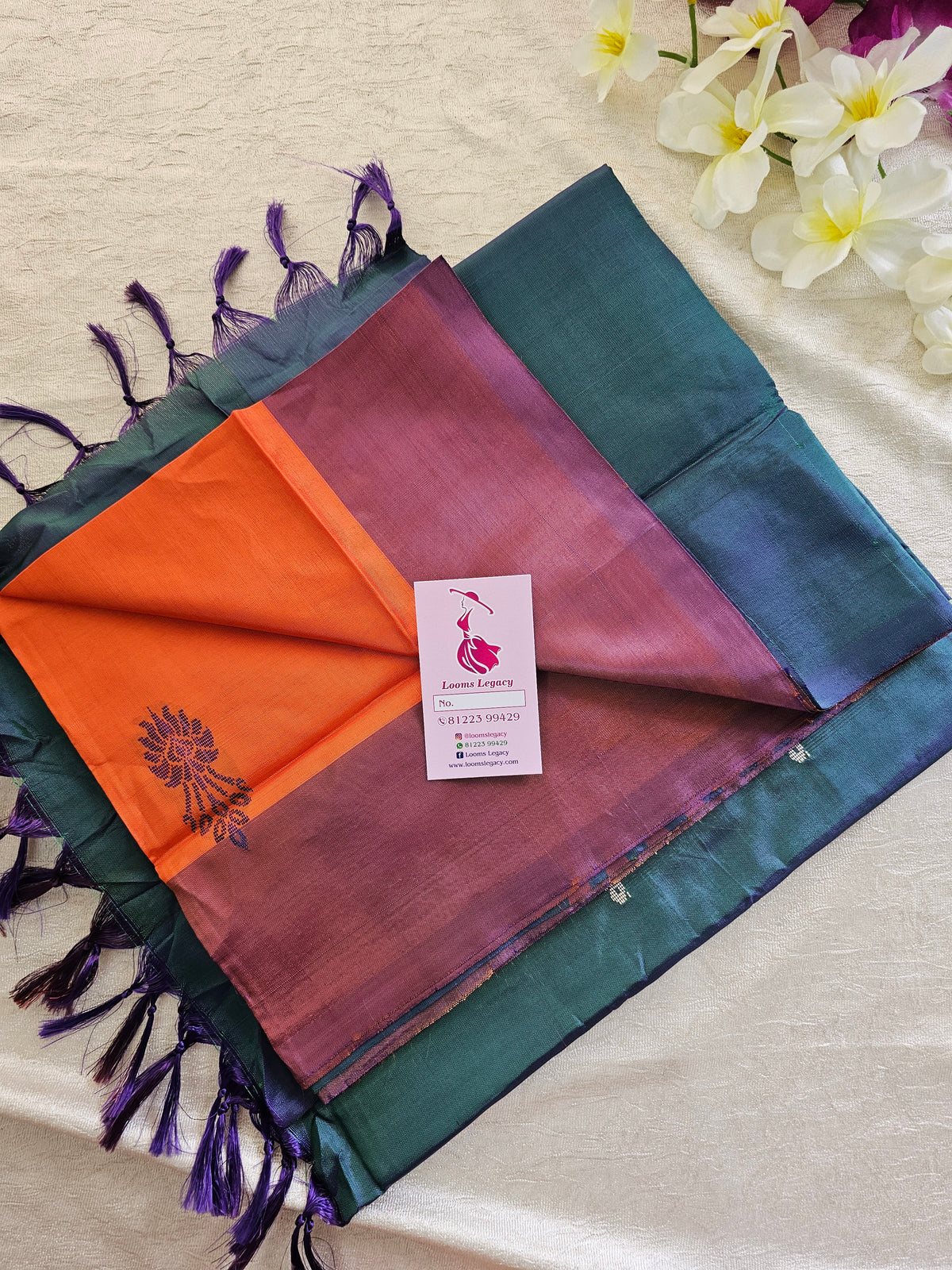 Orange with Peacock Green Border and Pallu Handwoven Chinnalampattu Saree
