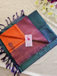 Orange with Peacock Green Border and Pallu Handwoven Chinnalampattu Saree