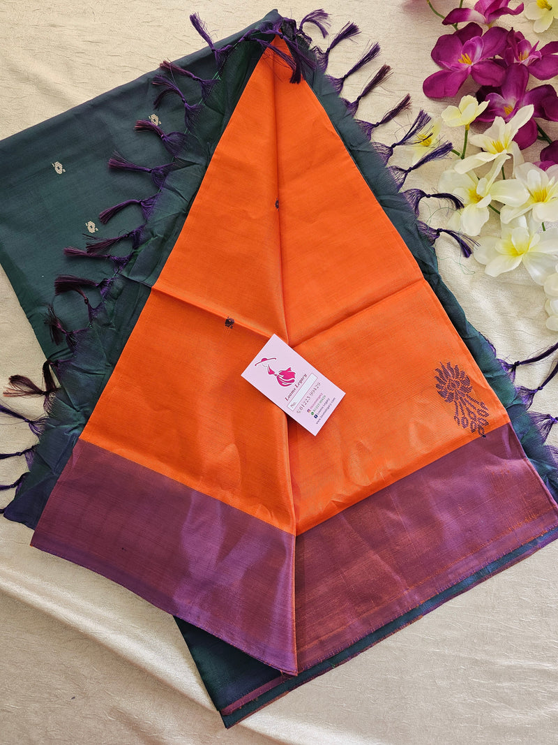 Orange with Peacock Green Border and Pallu Handwoven Chinnalampattu Saree