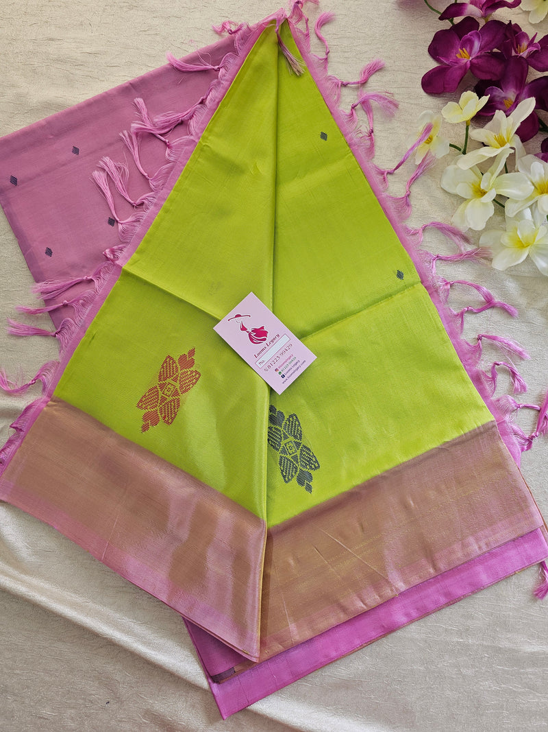 Green with Pink Border and  Pallu Handwoven Chinnalampattu Saree