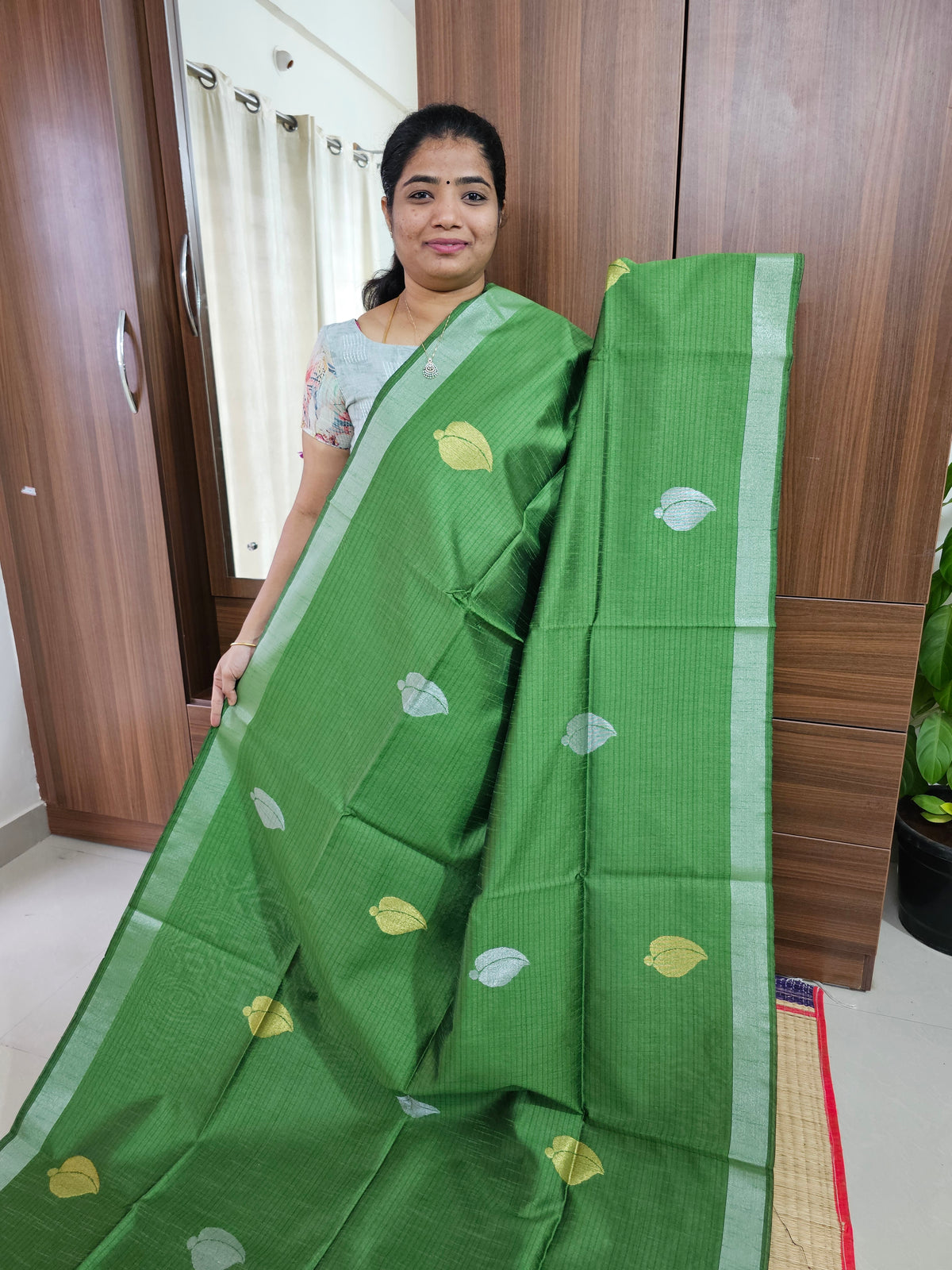 Semi Raw Silk with Weaving Butta Saree - Green with Blue