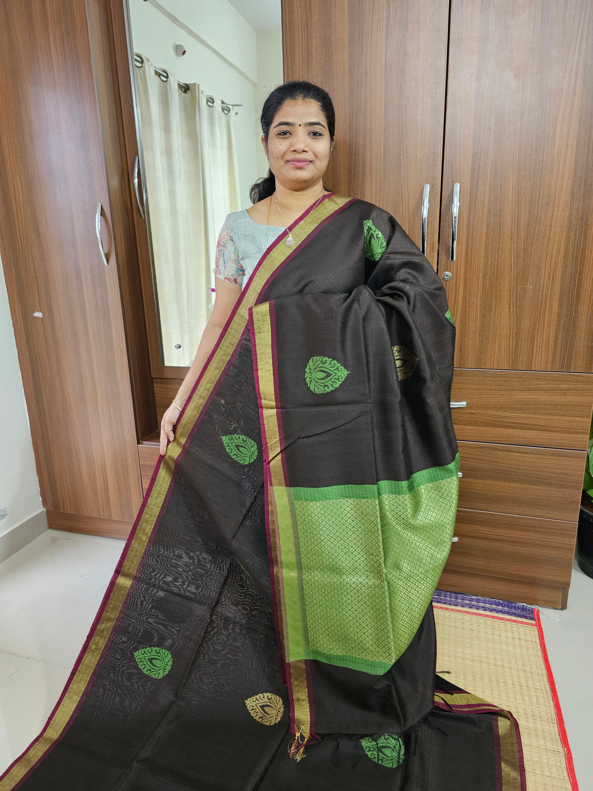 Semi Raw Silk with Weaving Butta Saree - Brown with Green