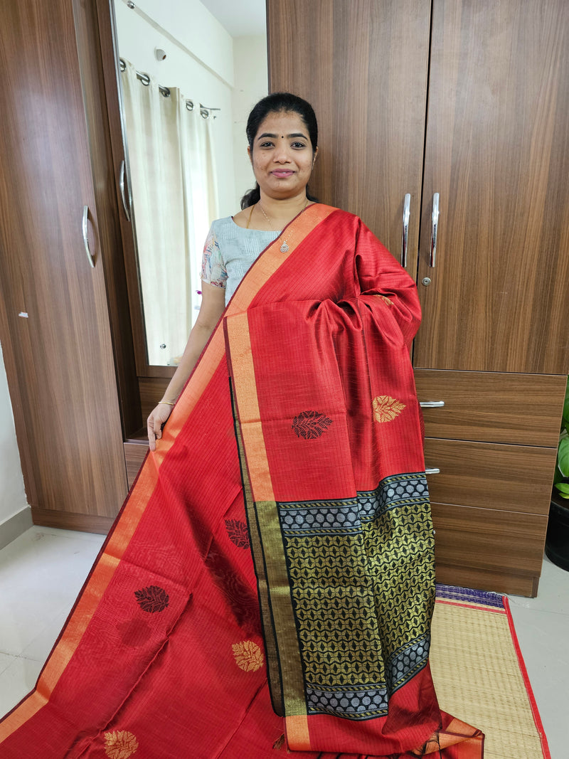 Semi Raw Silk with Weaving Butta Saree - Red with Black