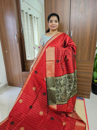 Semi Raw Silk Checks with Weaving Butta Saree - Red with Black