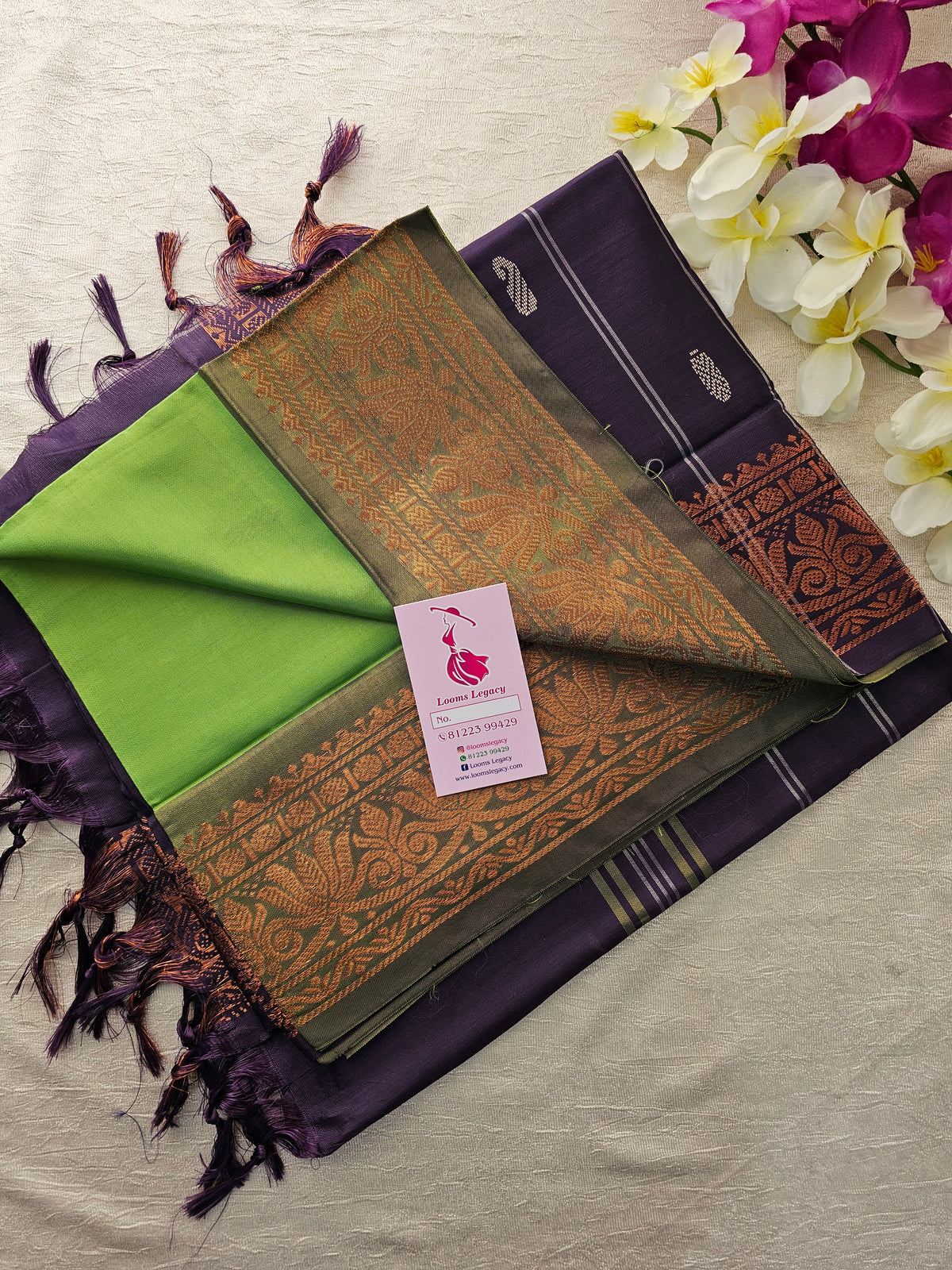 Green with Dark Purple Pallu Chinnalampattu Small Border Saree