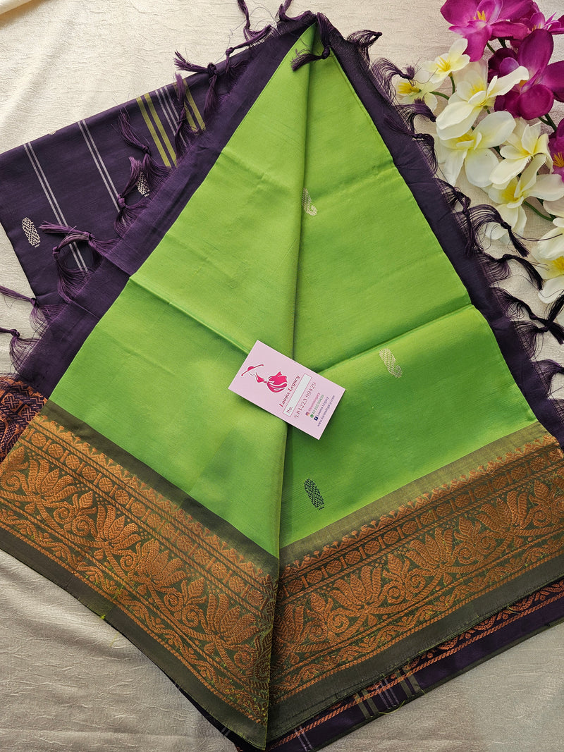 Green with Dark Purple Pallu Chinnalampattu Small Border Saree