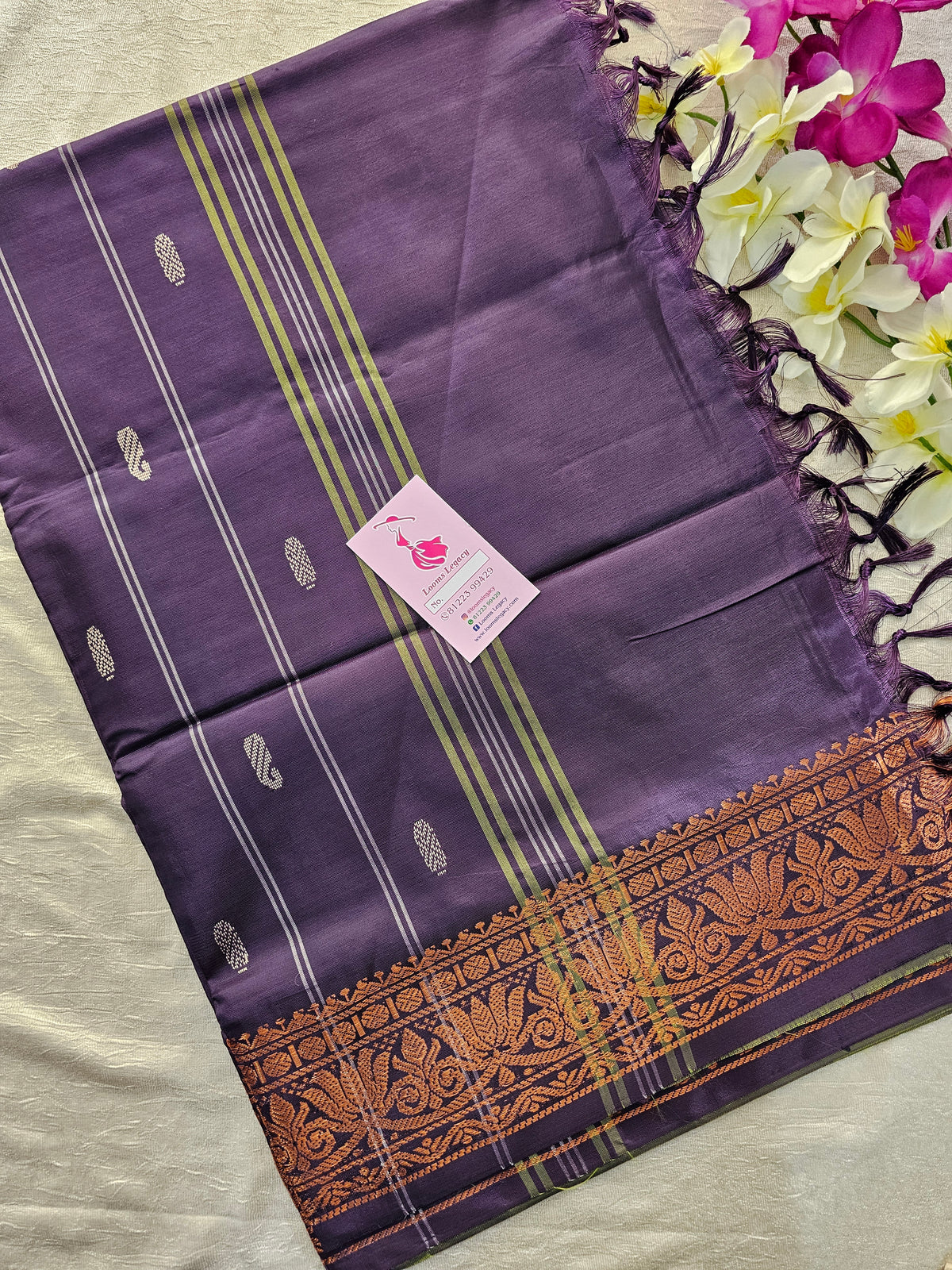 Green with Dark Purple Pallu Chinnalampattu Small Border Saree