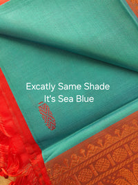 Sea Blue with Red Pallu Chinnalampattu Small Border Saree