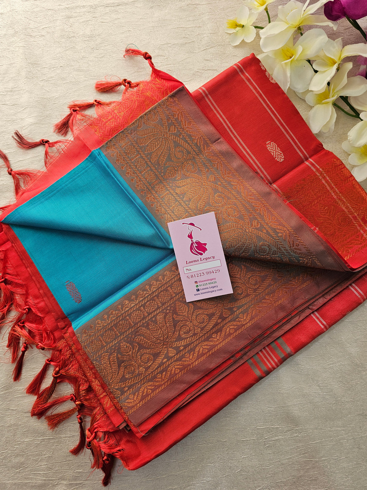 Sea Blue with Red Pallu Chinnalampattu Small Border Saree