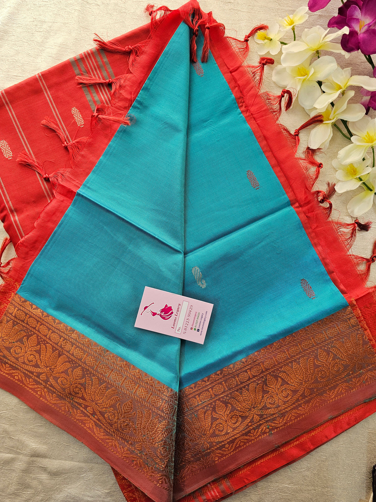 Sea Blue with Red Pallu Chinnalampattu Small Border Saree