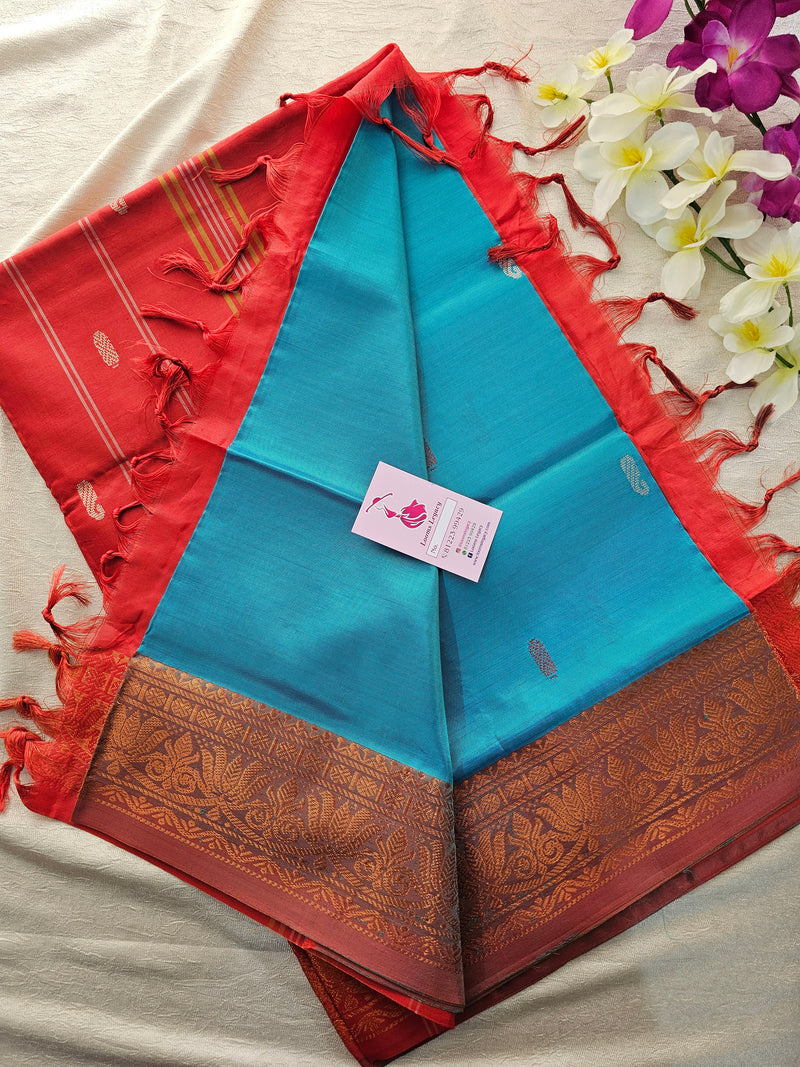 Sea Blue with Red Pallu Chinnalampattu Small Border Saree