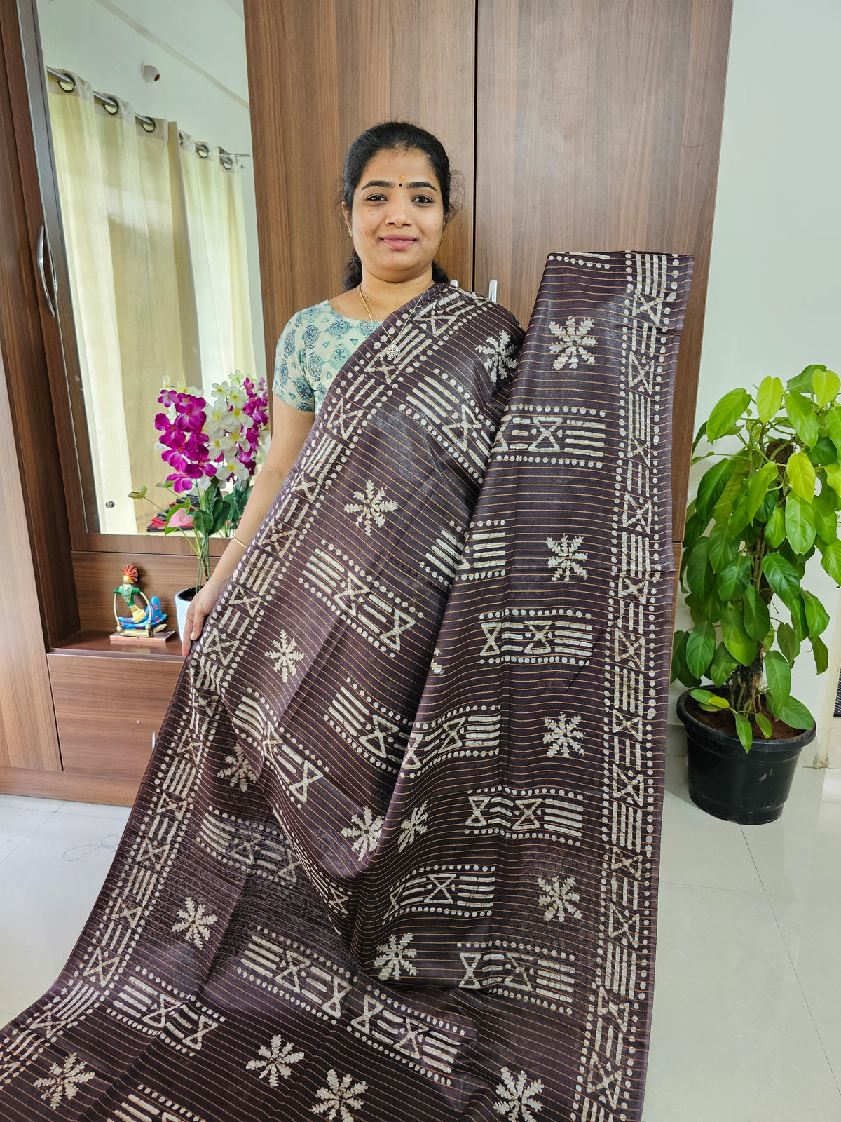 Bhagalpuri Silk Viscous with Batik Prints - Brown