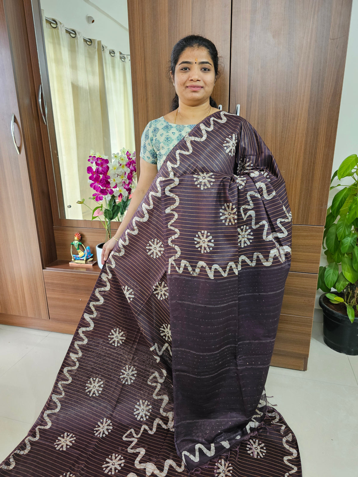 Bhagalpuri Silk Viscous with Batik Prints - Brown