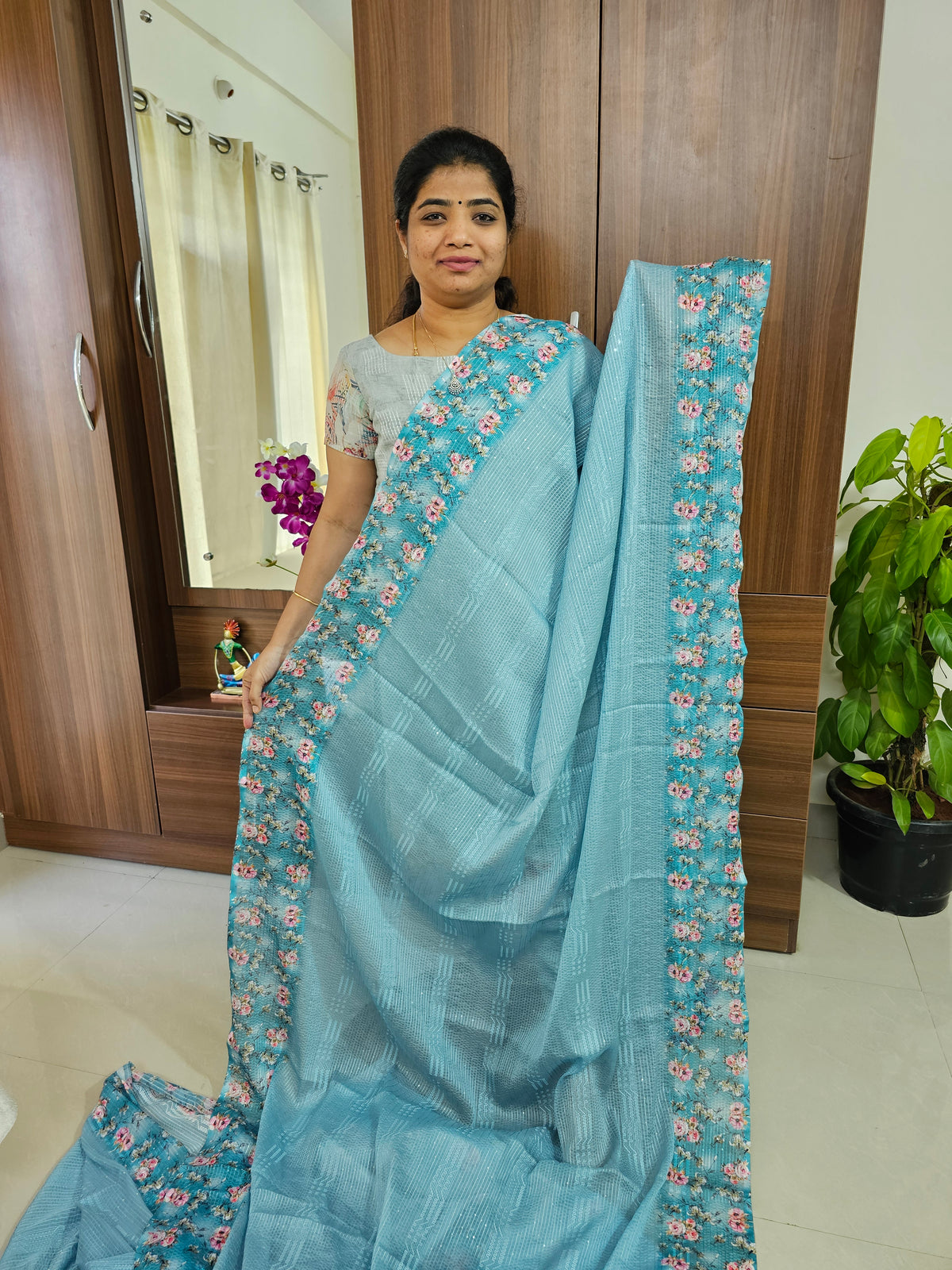 Crackle Silk Saree - Pastel Blue