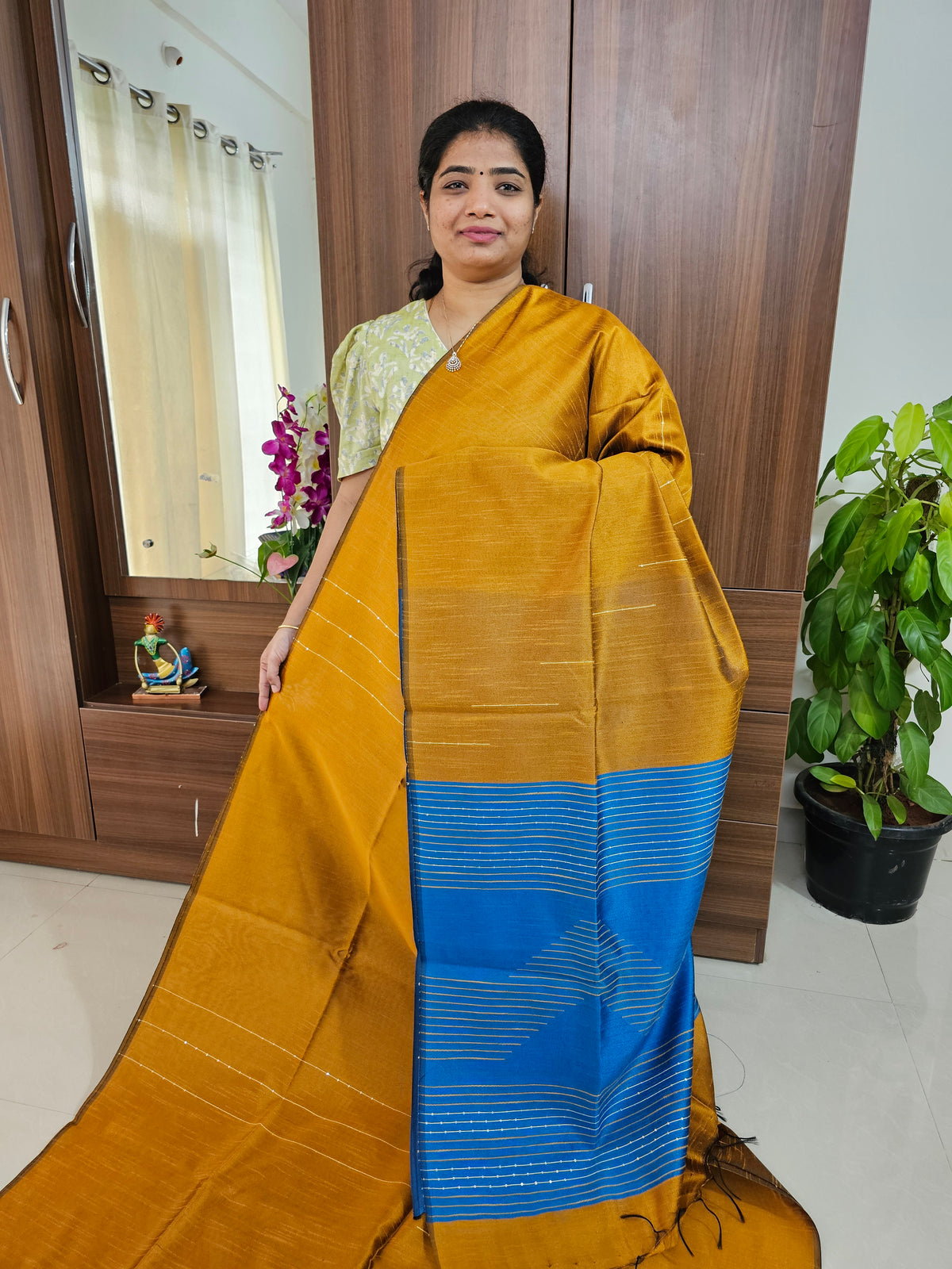 Semi Raw Silk - Mustard Yellow with Blue