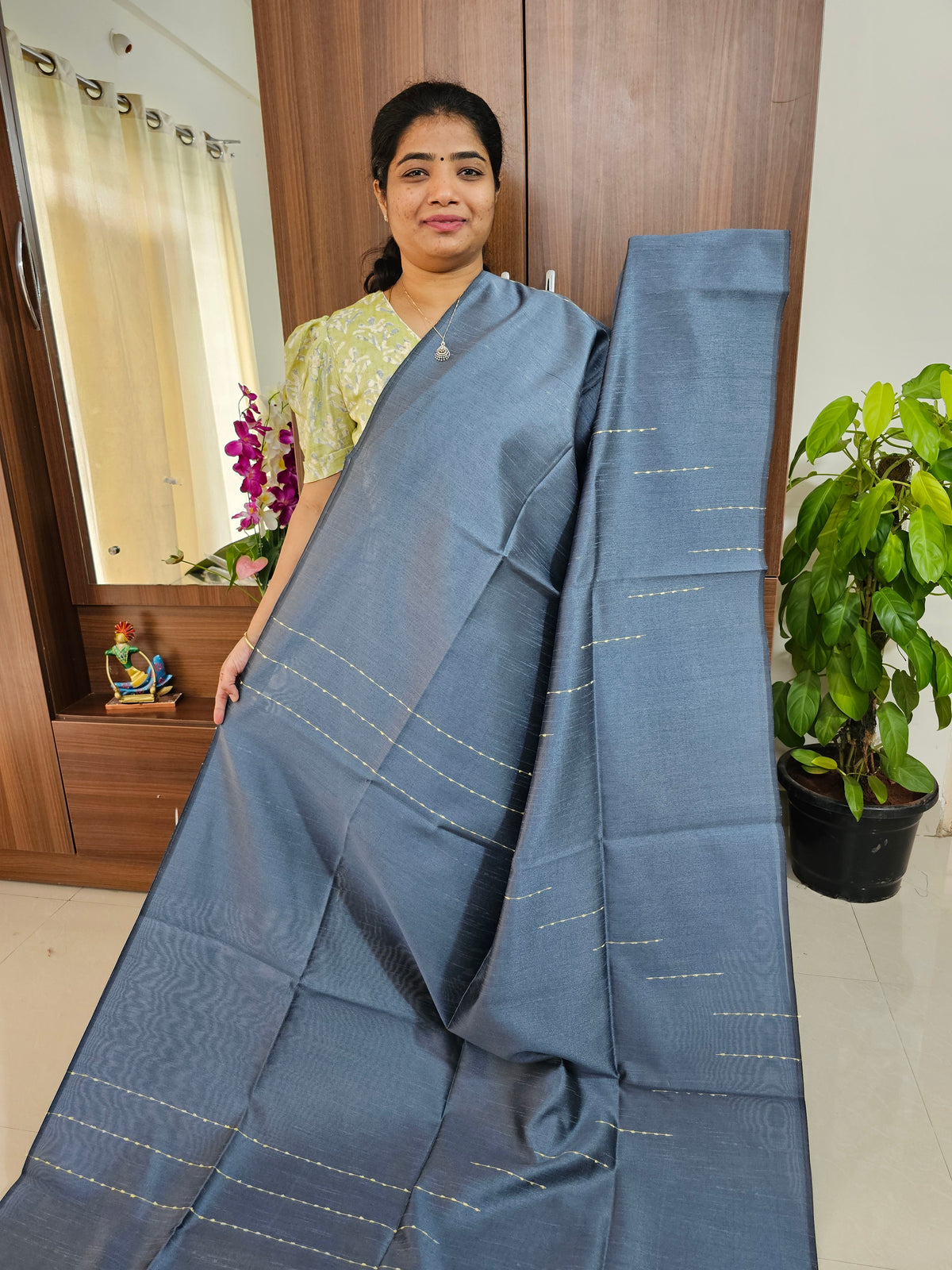 Semi Raw Silk - Grey with Navy Blue