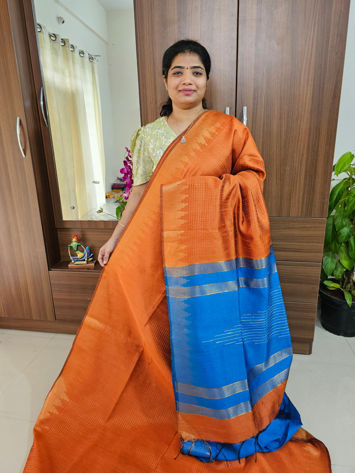 Semi Raw Silk - Dark Orange with Blue