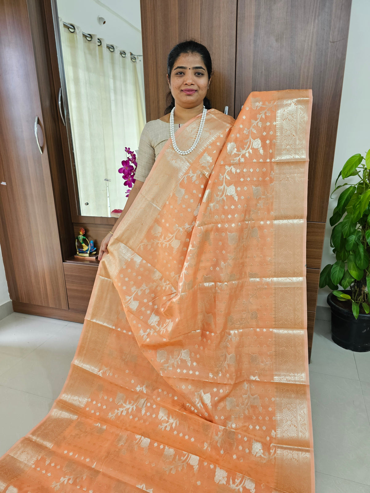 Classy Semi Banarasi Silk Sarees Pastel Shades - Orange