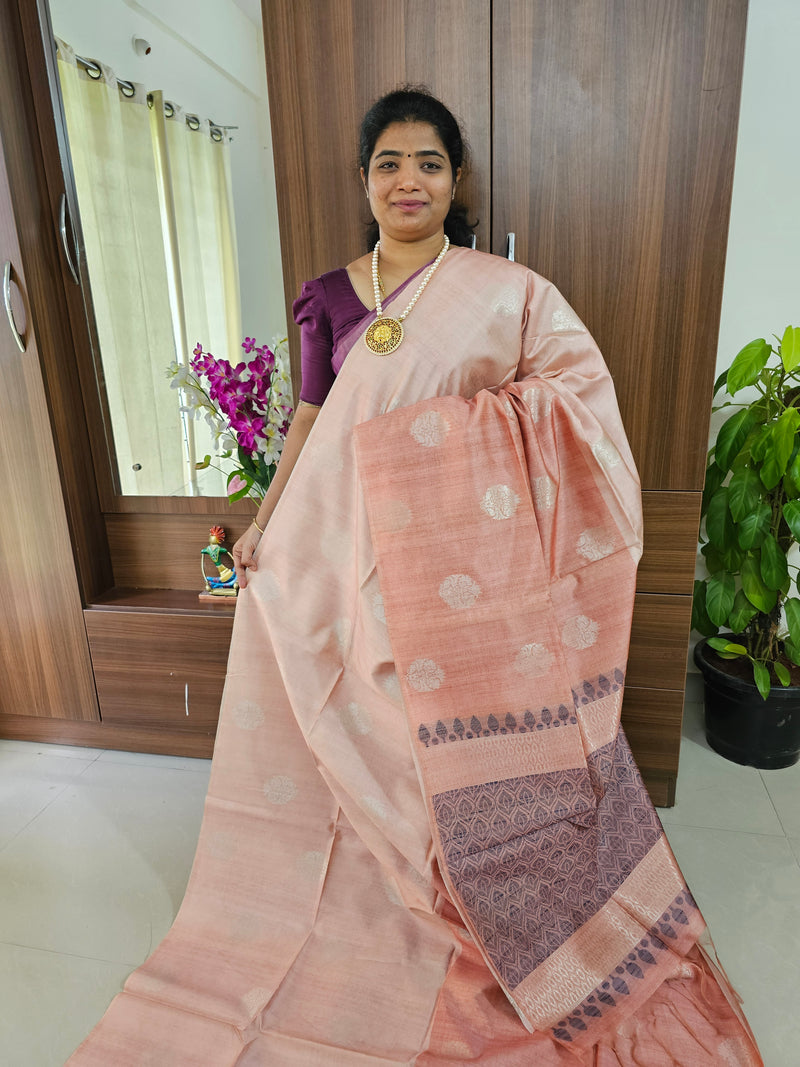 Semi Maandu Tussar Silver Zari Weaving Half and Half Shade Saree - Pastel Peach