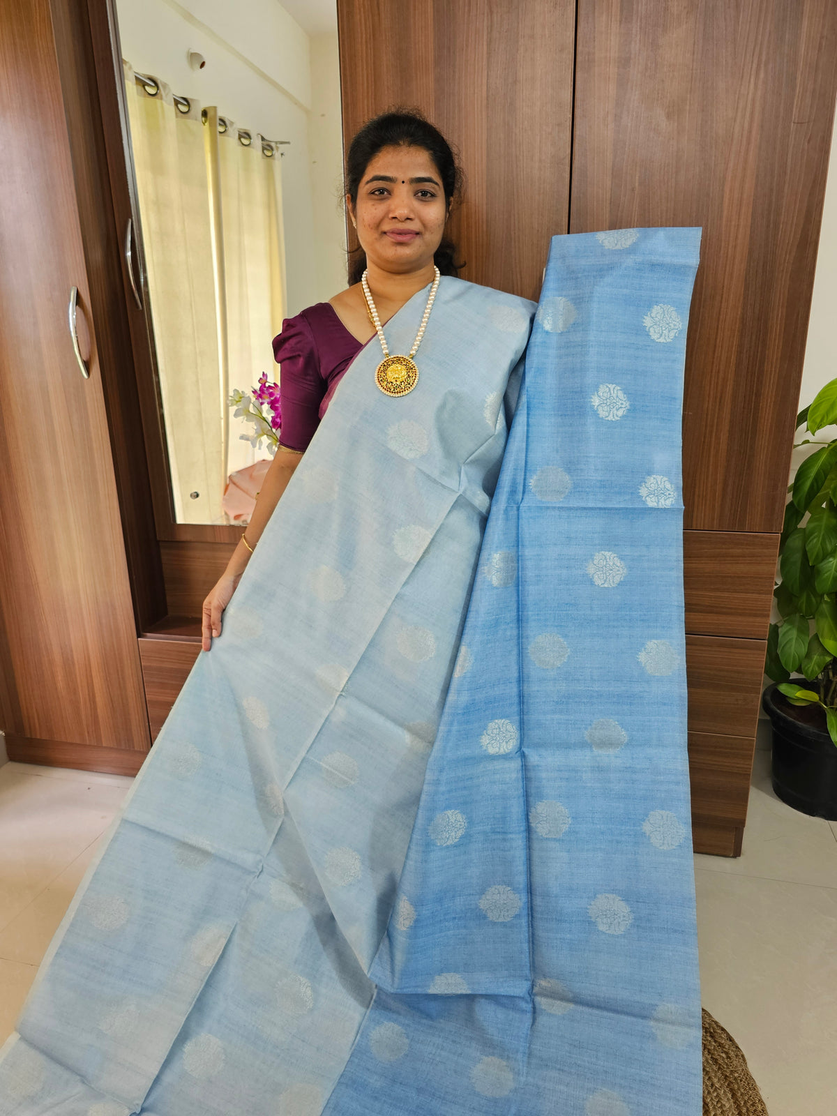 Semi Maandu Tussar Silver Zari Weaving Half and Half Shade Saree - Pastel Blue