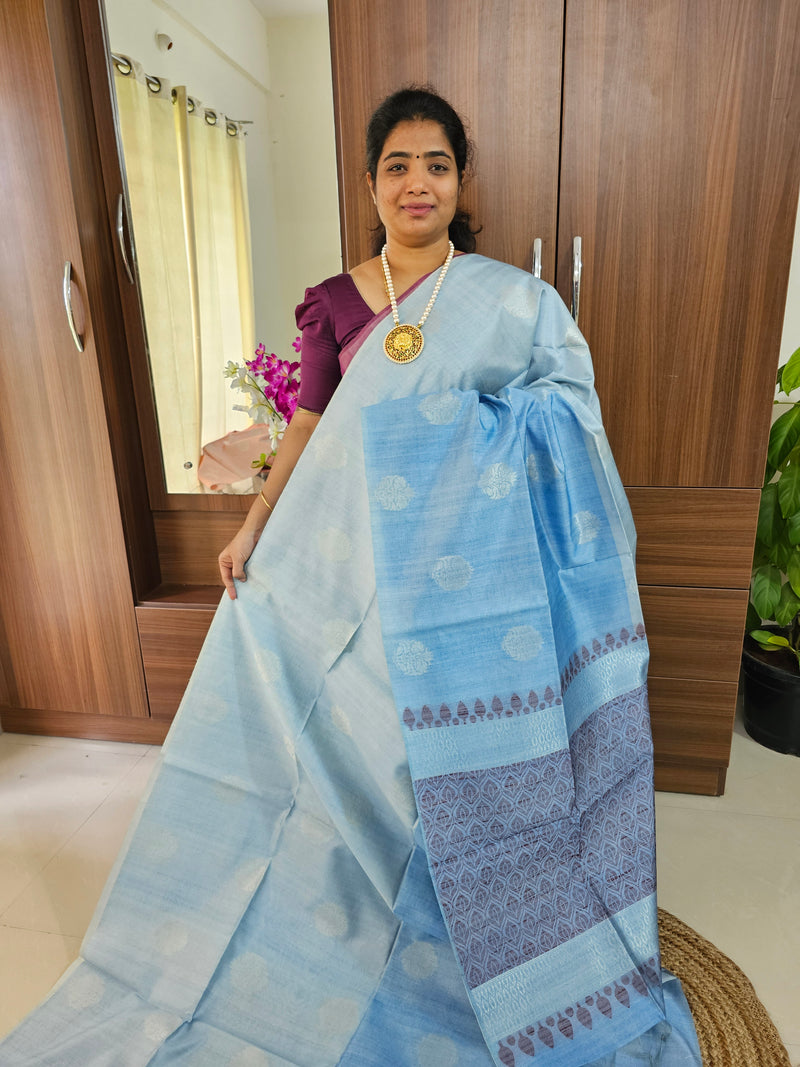 Semi Maandu Tussar Silver Zari Weaving Half and Half Shade Saree - Pastel Blue