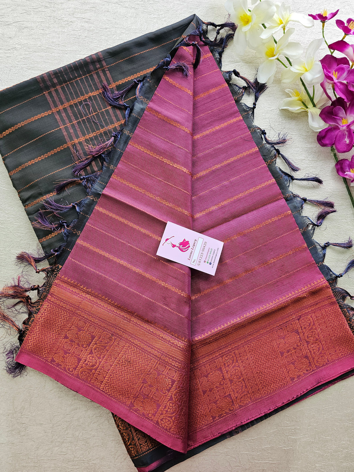 Pink with Grey Chinnalampattu Velthari Design Border Saree