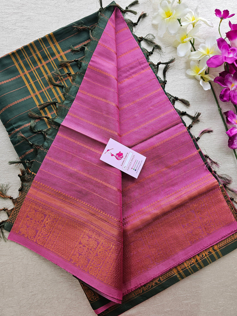 Pink with Bottle Green Chinnalampattu Velthari Design Border Saree