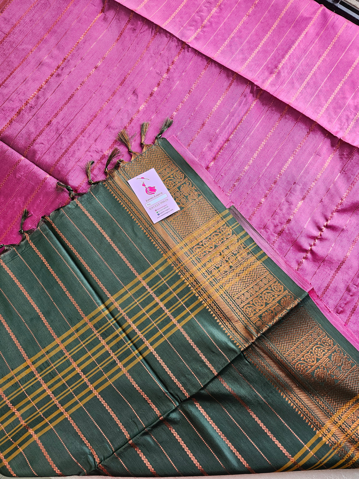 Pink with Bottle Green Chinnalampattu Velthari Design Border Saree