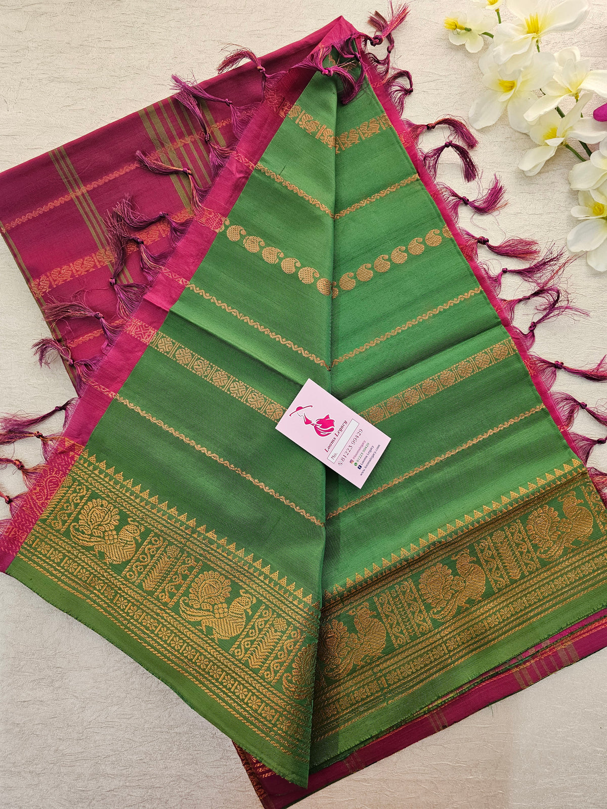 Green with Magenta Pink Chinnalampattu Velthari Design Border Saree