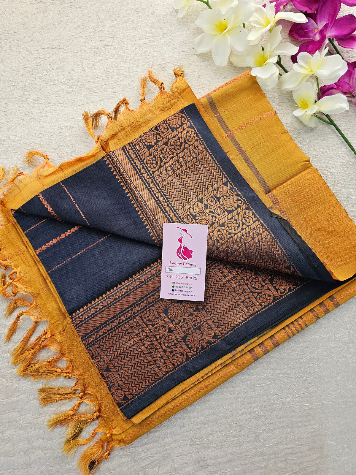 Elephant Grey with Mustard Yellow Chinnalampattu Velthari Design Border Saree