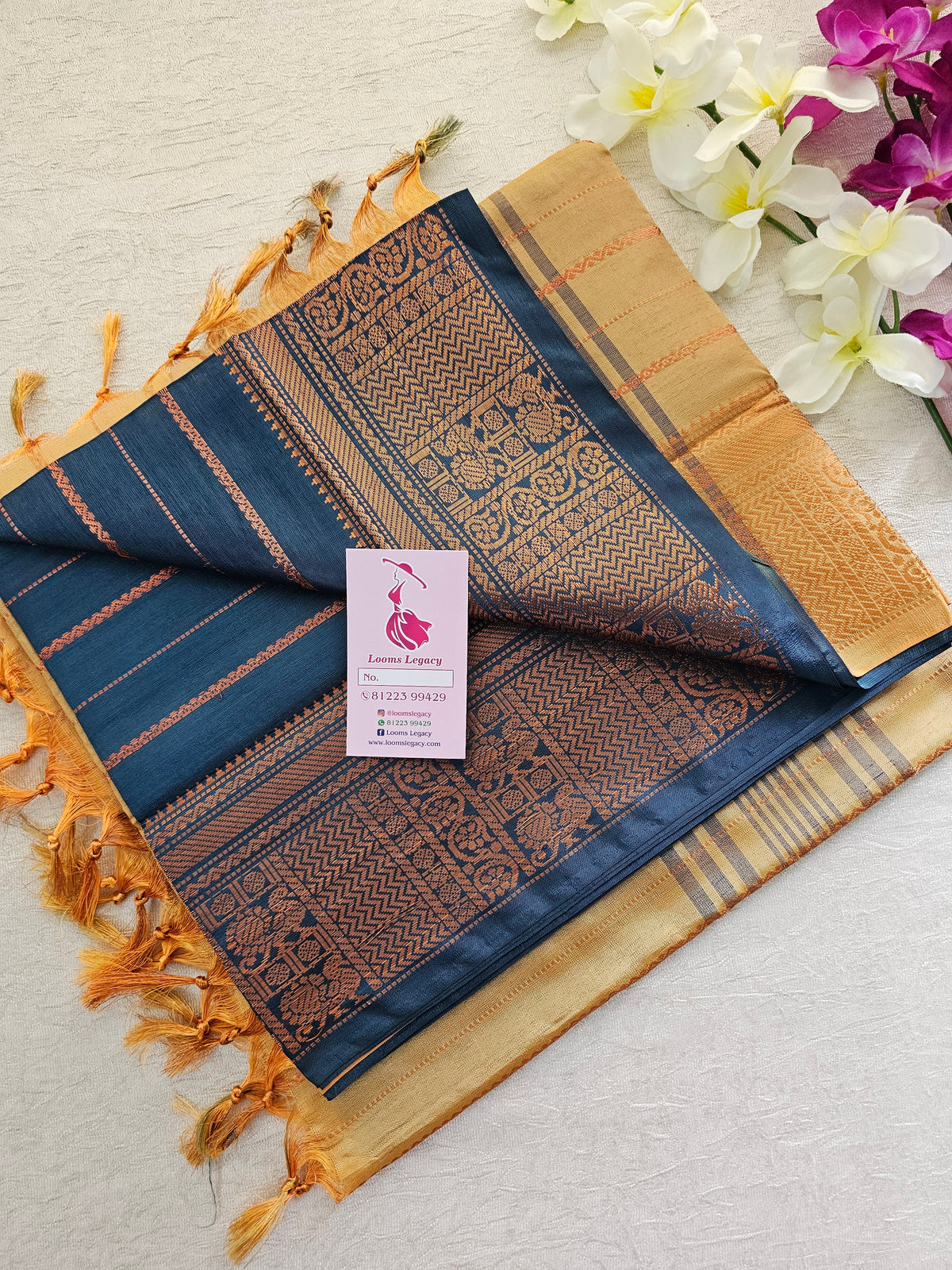 Peacock Green with Mustard Yellow Chinnalampattu Velthari Design Border Saree