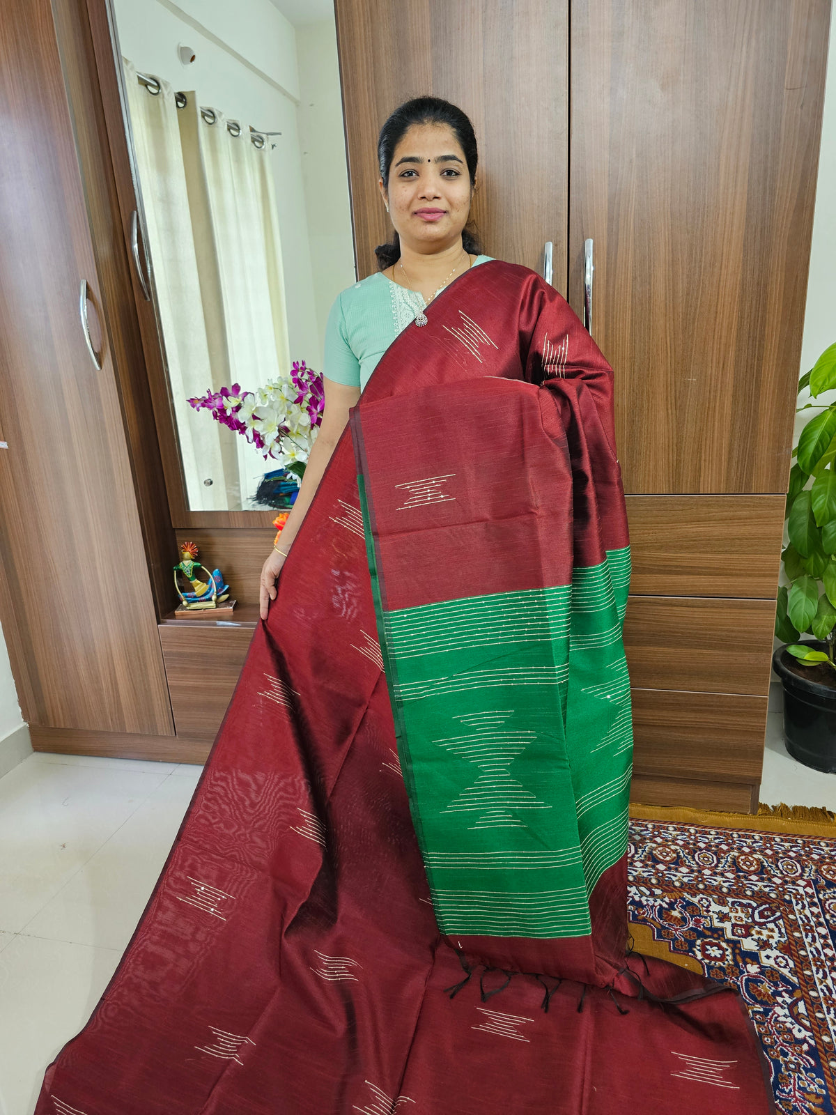 Semi Raw Silk - Maroon with Green