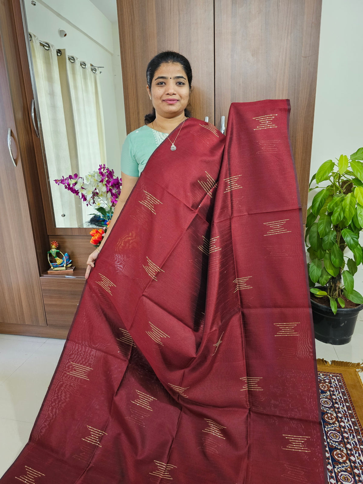 Semi Raw Silk - Maroon with Blue