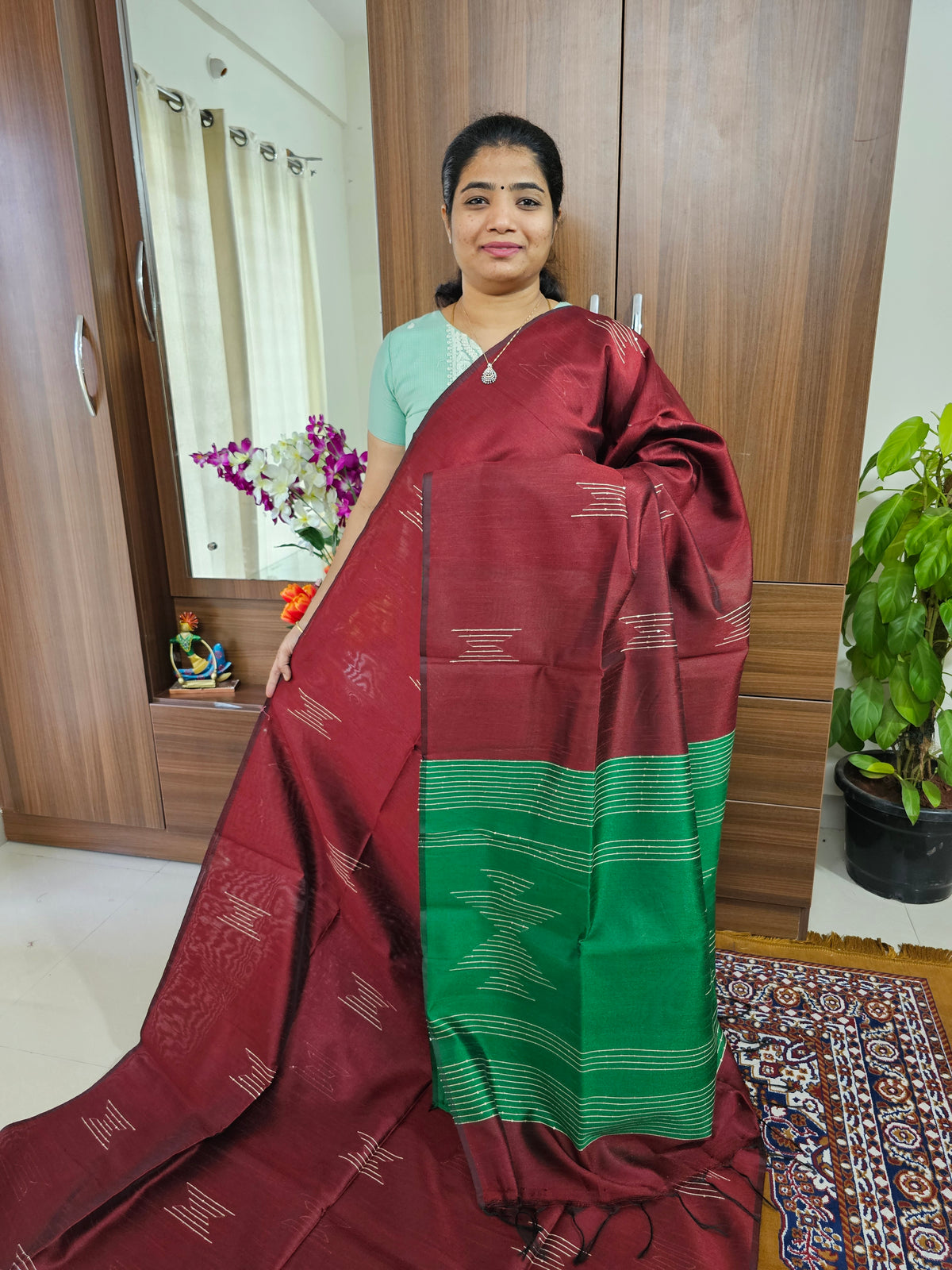 Semi Raw Silk -Maroon with Green