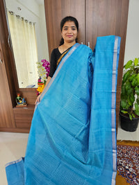 Handwoven Mangalagiri Pattu Saree with Beautiful  Small Checks - Sky Blue