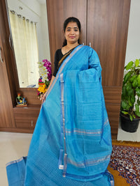 Handwoven Mangalagiri Pattu Saree with Beautiful  Small Checks - Sky Blue