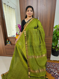 Handwoven Mangalagiri Pattu Saree with Beautiful  Small Checks - Mehindi Green