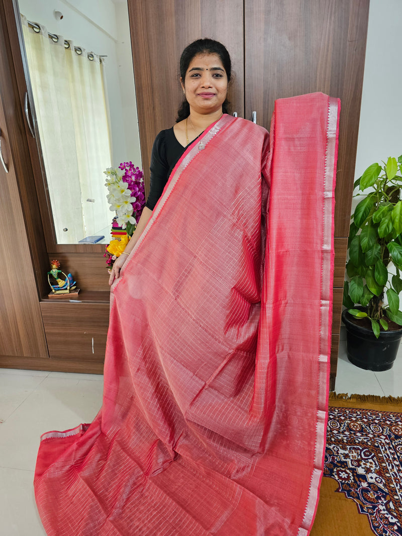 Handwoven Mangalagiri Pattu Saree with Beautiful  Small Checks - Pastel Red Shade