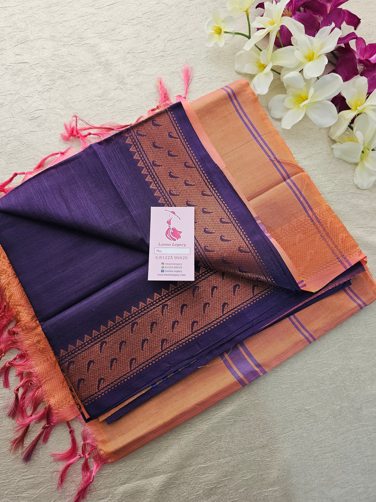 Dark Purple cum Blue with Peach Pallu Chinnalampattu Long Border Saree