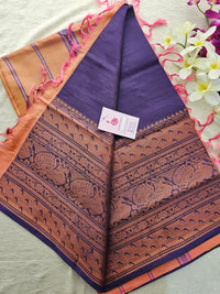 Dark Purple cum Blue with Peach Pallu Chinnalampattu Long Border Saree