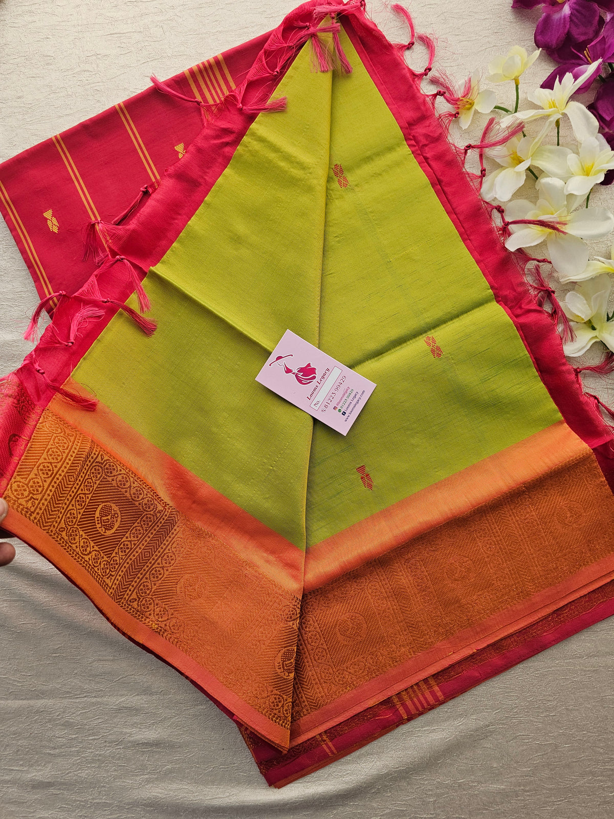 Green with Pink Pallu Chinnalampattu Small Border Saree