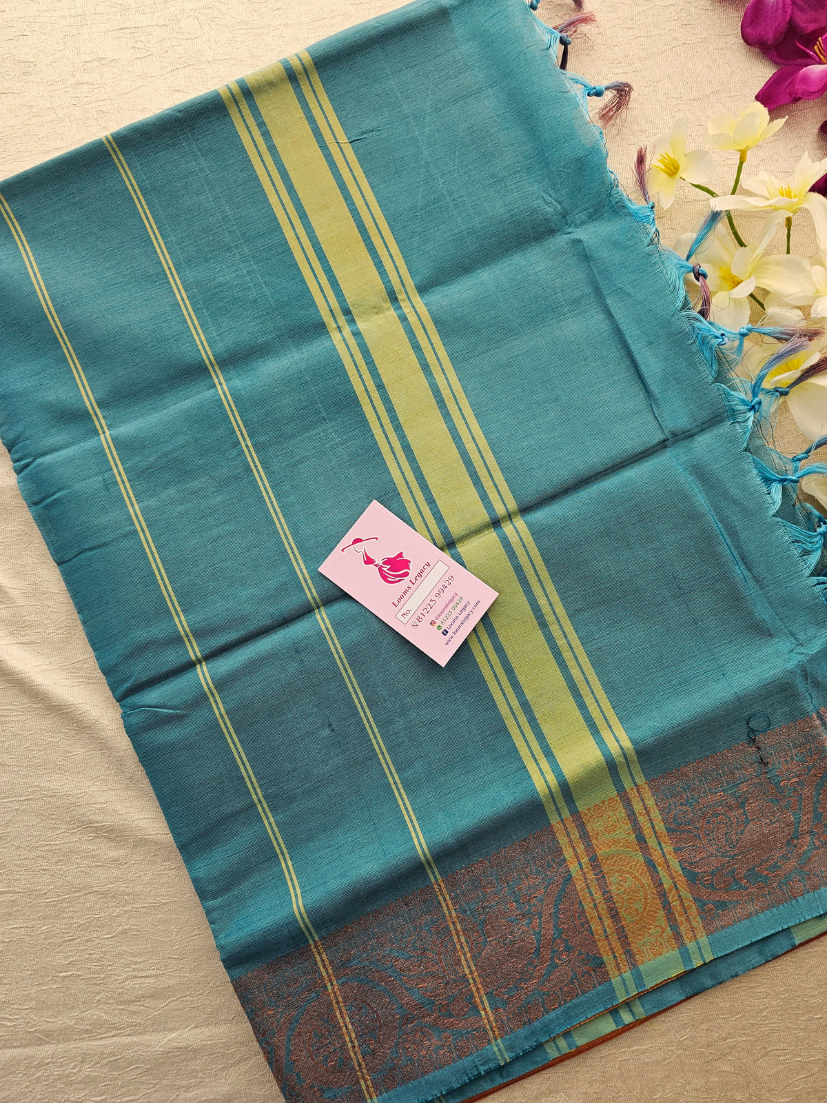 Dual Shade Golden Brown cum Green with Blue Pallu Chinnalampattu Small Border Saree