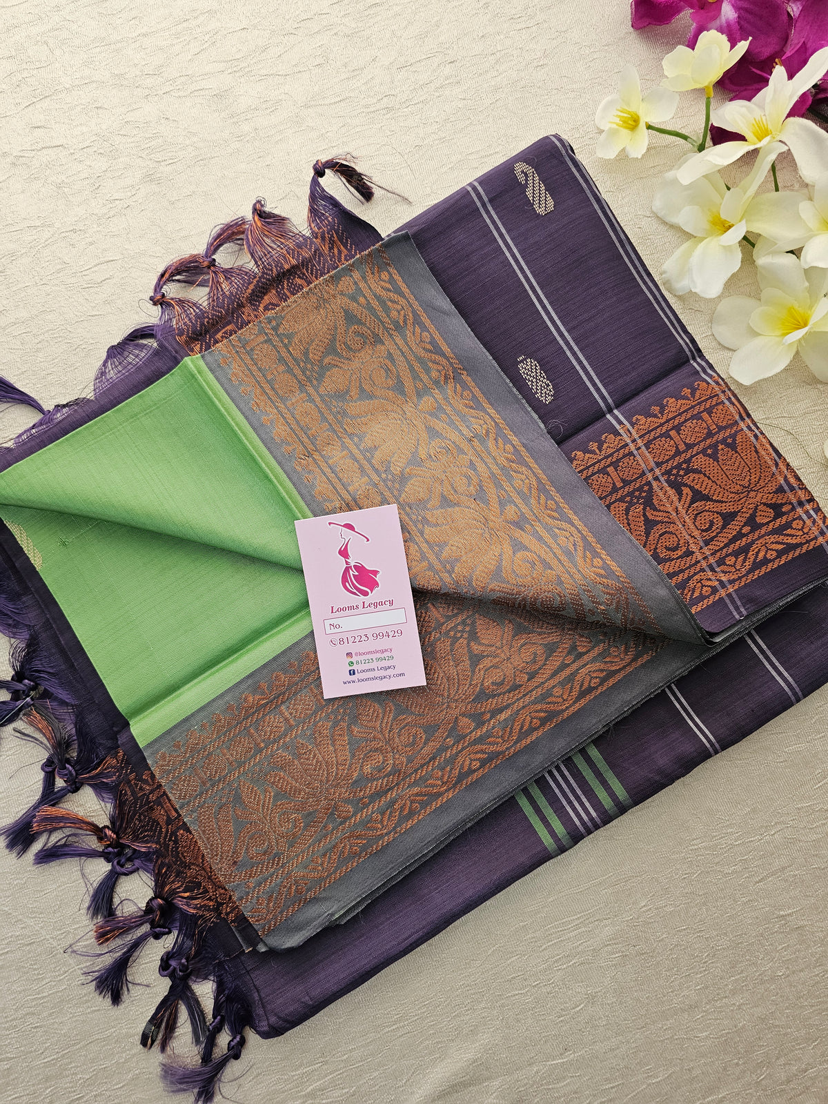 Green with Purple Pallu Chinnalampattu Small Border Saree